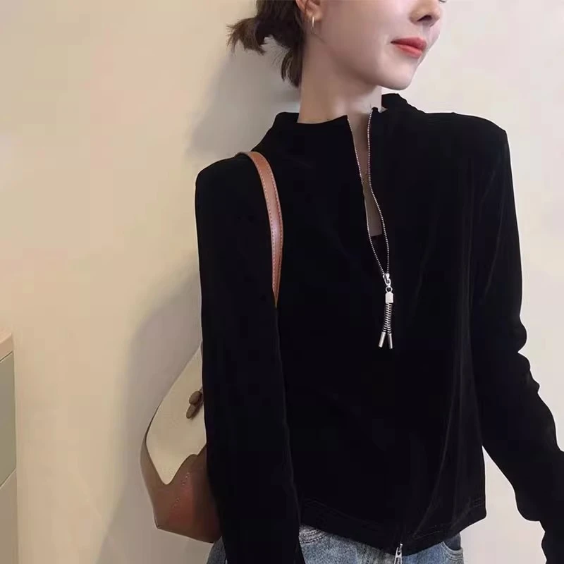 半高领丝绒长袖卫衣女2025秋季新款韩版时尚百搭洋气显瘦开衫上衣