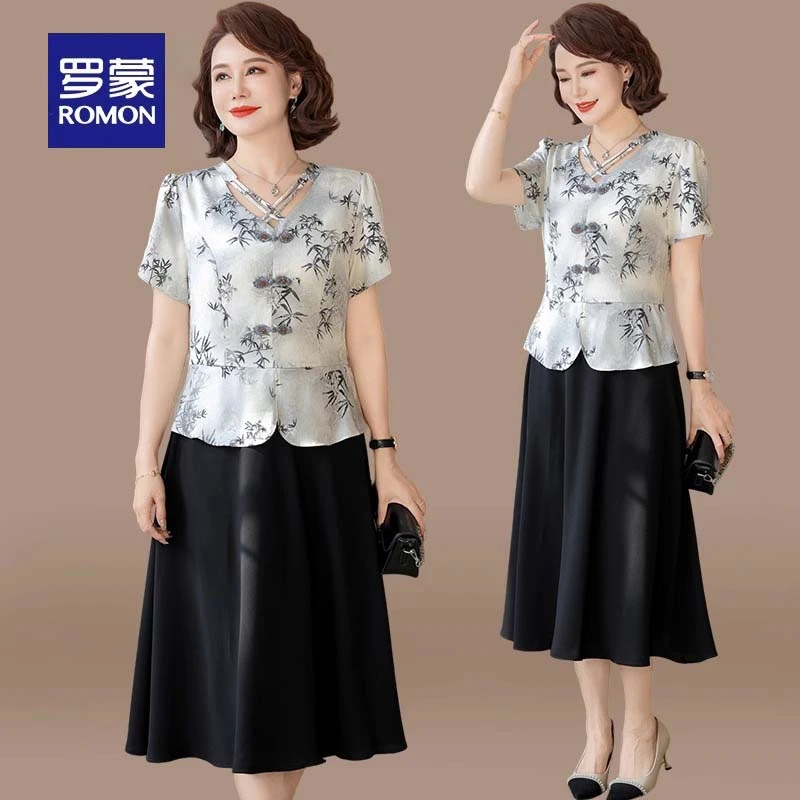 罗蒙新中式妈妈夏装连衣裙2025新款中老年夏季假两件短袖国风裙子
