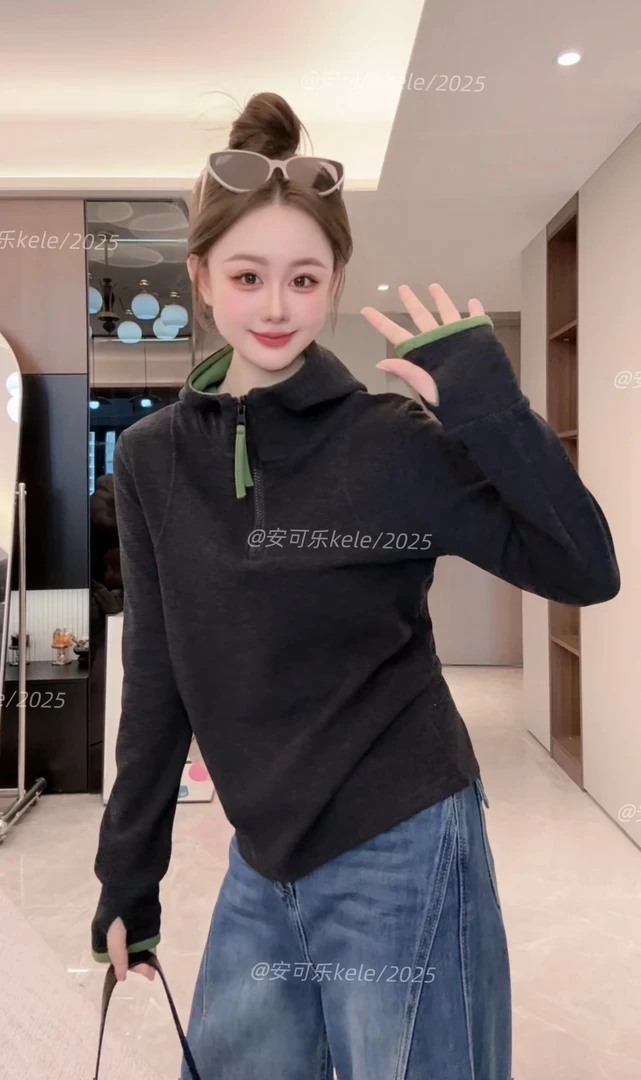 秋冬磨毛锁温保暖显瘦长袖远红外发热半拉链连帽打底衫900