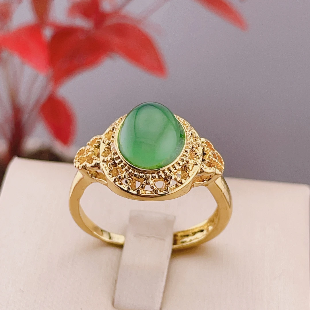 正品玛瑙玉髓戒指绿玉石蛋面镶嵌镂空戒圈女款活口戒圈精致F716