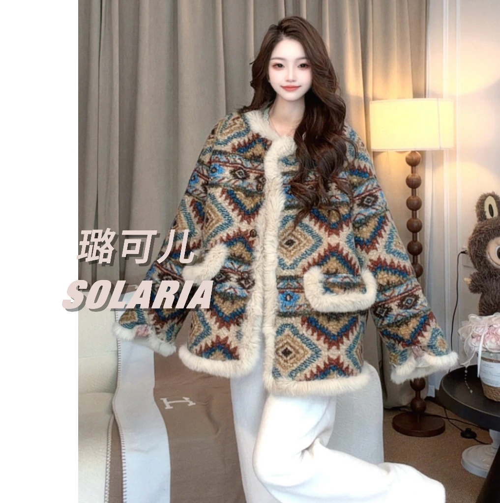 油画少女 设计师高定/獭兔毛边时髦氛围感费尔岛保暖外套