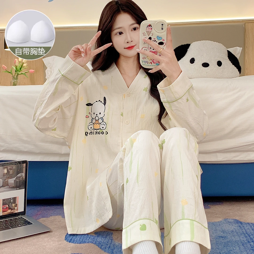 带胸垫睡衣女春秋款长袖2025新款卡通可爱甜美夏天薄款家居服套装