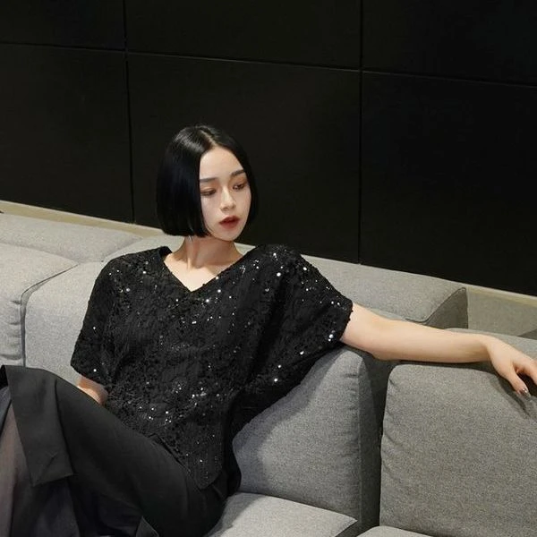 闪闪亮片蝙蝠袖3387法式刺绣钉珠亮片小众女夏重工宽松气质上衣