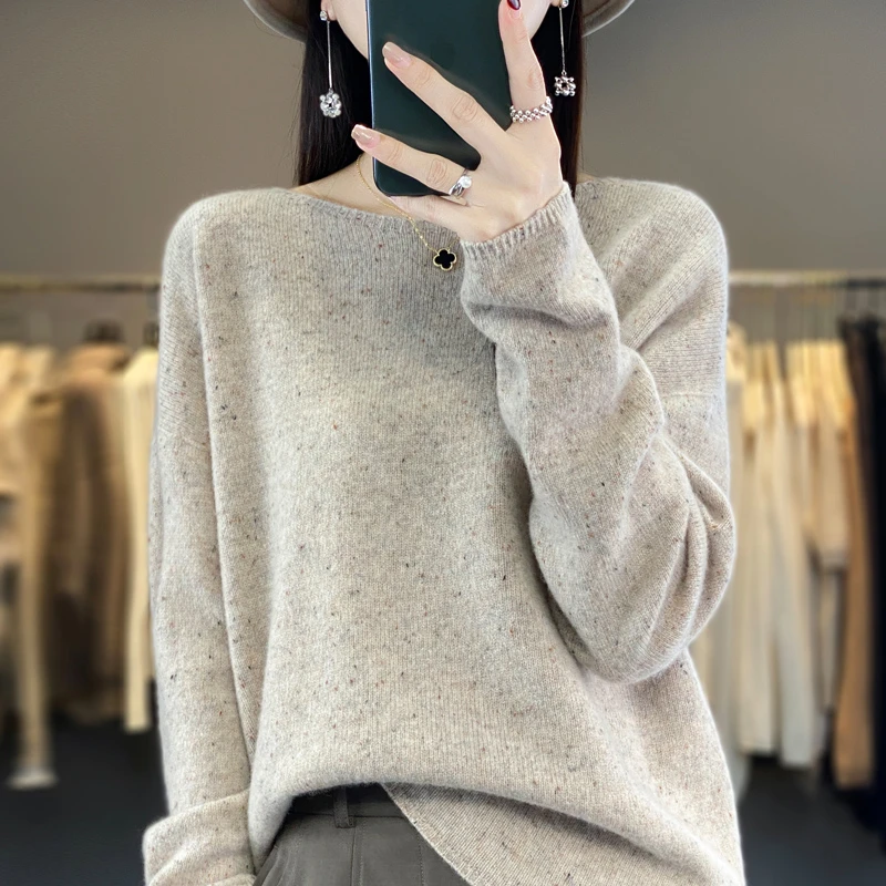秋冬季100%羊毛衫女一线点子纱圆领套头针织衫毛衣宽松显瘦打底衫
