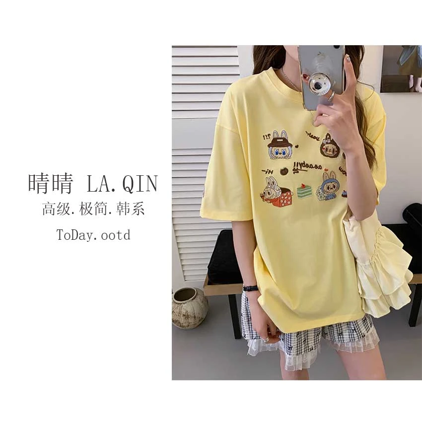 晴晴家-【趣味呀】夏季AE韩系简约百搭小众重工刺绣T恤宽松878