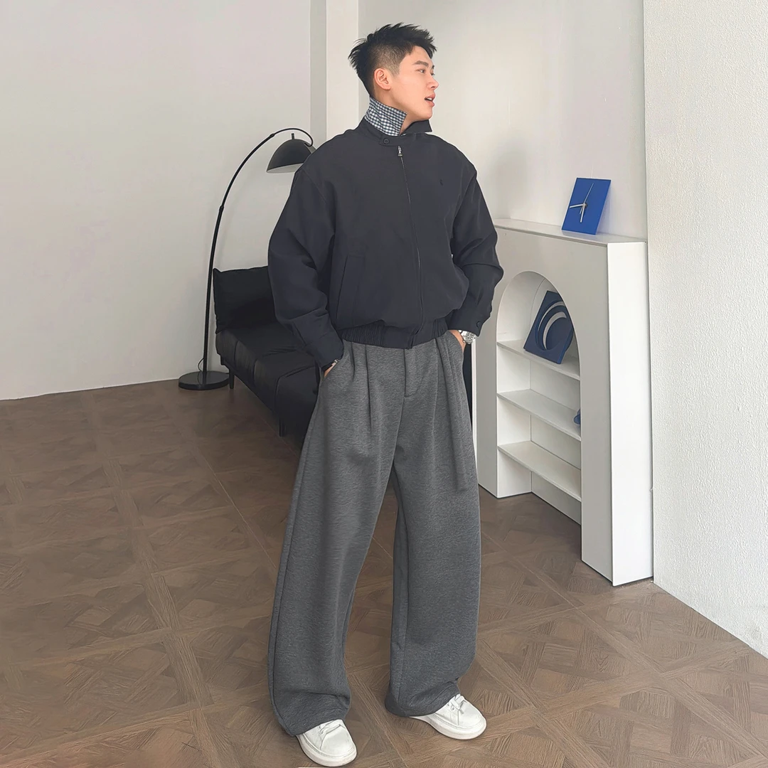 渣渣鹿人夫感宽松休闲翻领短款立领夹克男款外套春秋通勤韩版潮流