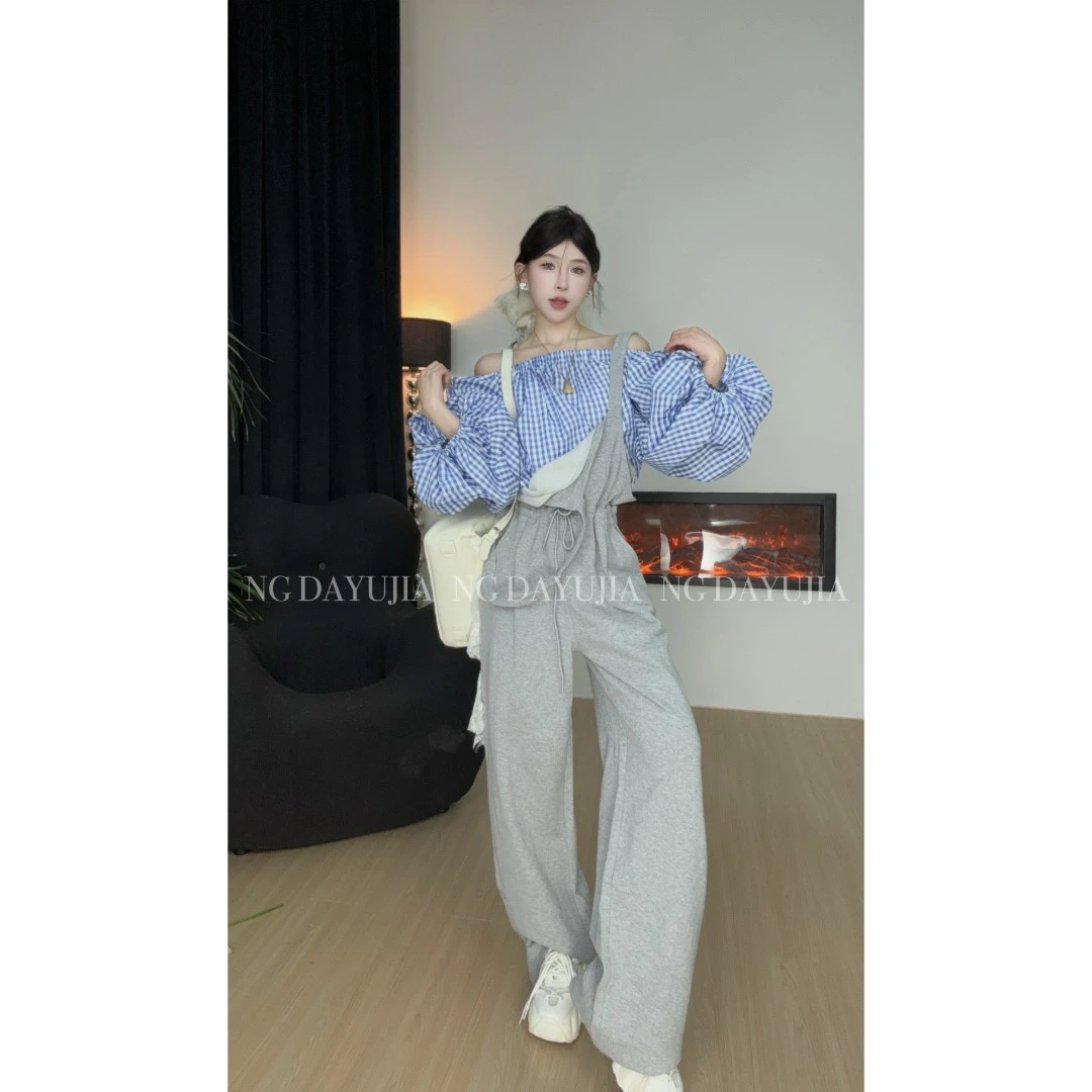 NG DAYU 现货【泰特美术馆】自制格子一字肩衬衫/灰色背带拖地裤