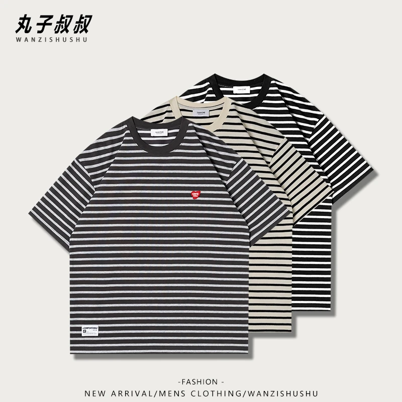 夏季男装条纹上衣春夏情侣半袖刺绣拼接简约T恤黑白圆领SC77223
