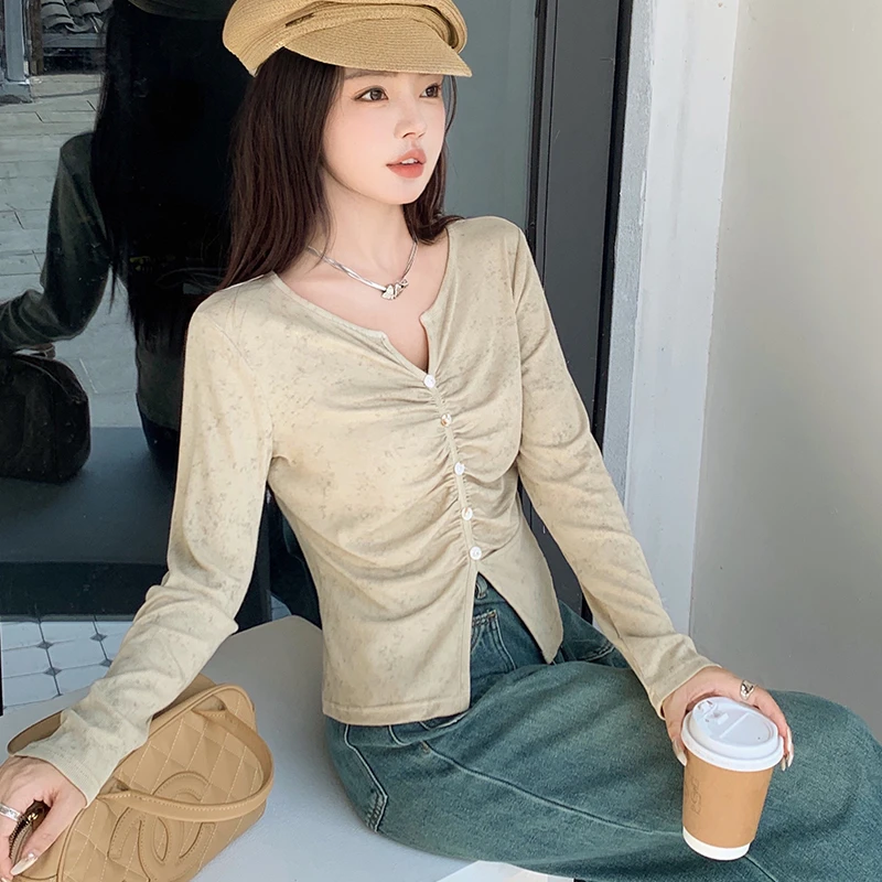 拉夏贝尔高级感V领长袖T恤衫女秋季大码正肩polp领上衣修身打底衫
