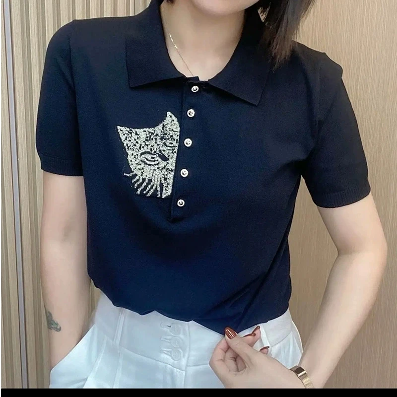 2025哥家商场同款夏季新款polo领冰丝刺绣短袖T恤女上衣潮