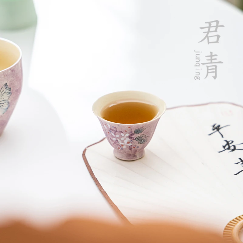 手绘绣球花玄月杯小茶杯高颜值陶瓷主人杯紫色茶具个人专用品茗杯