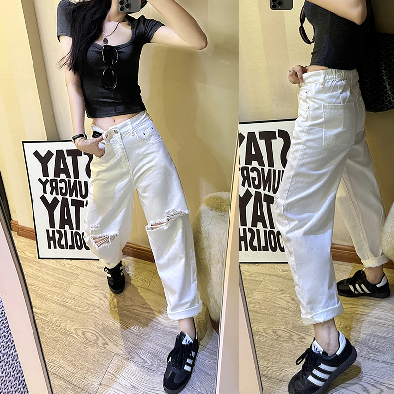 2025秋破洞白色休闲牛仔裤女夏季新款松紧腰宽松九分哈伦裤老爹裤