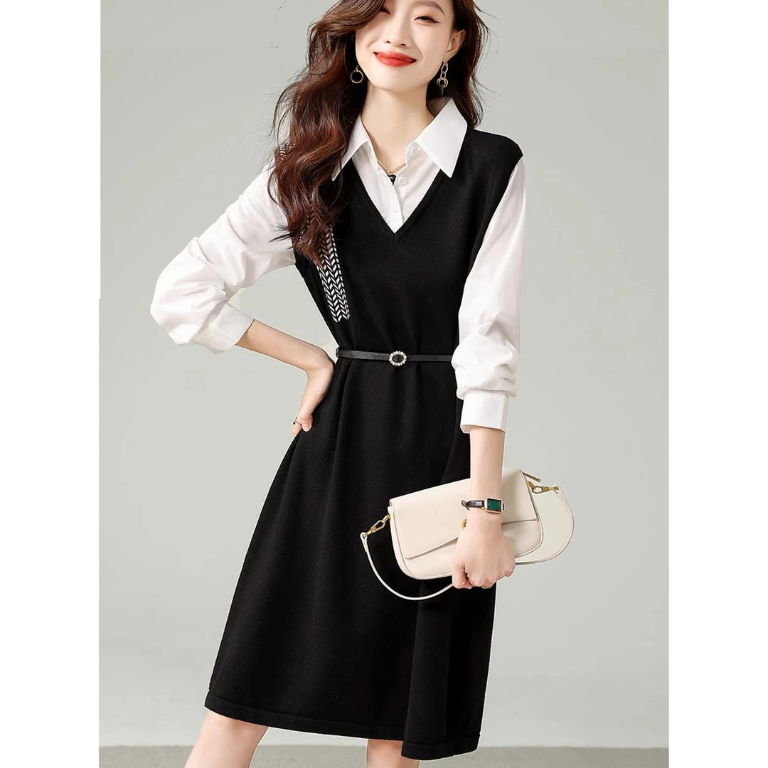 法芬图高级感假两件衬衣长袖连衣裙2025春秋新款收腰显瘦系带针织