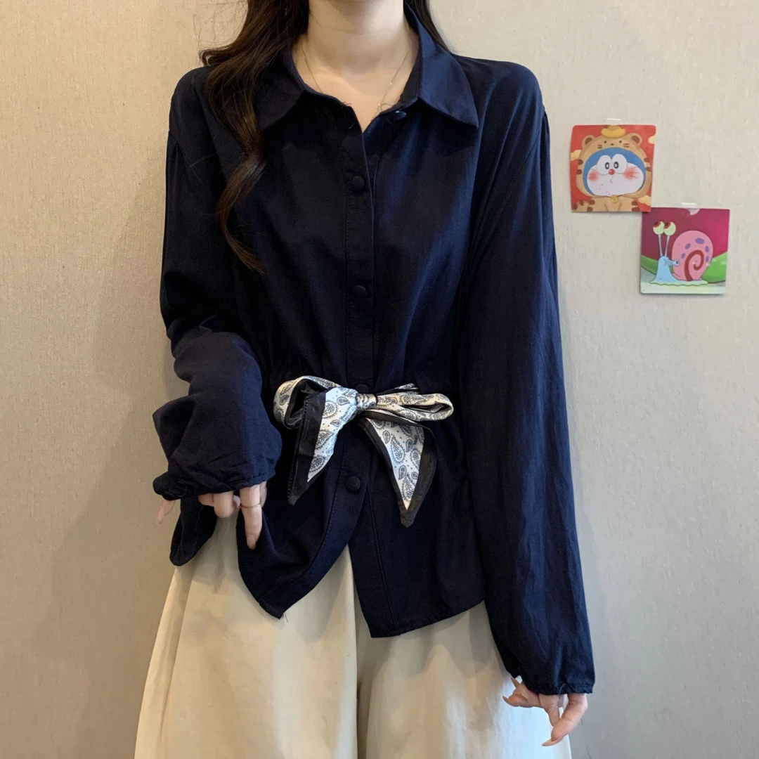 大码法式设计感系带长袖衬衫女春秋胖MM显瘦百搭洋气减龄收腰上衣
