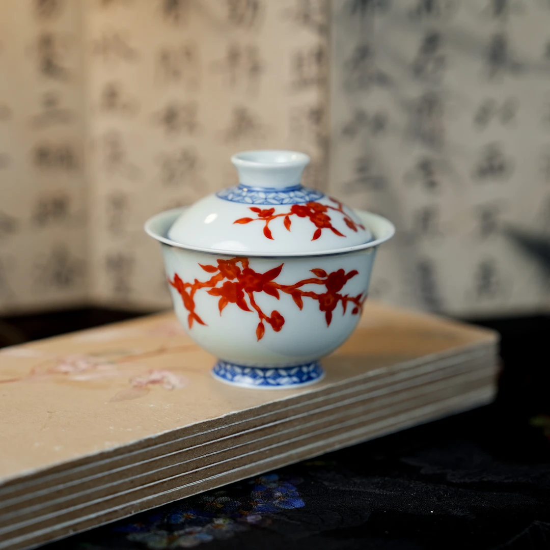 【景墨春风】手工手绘复古青花矾红梅花盖碗