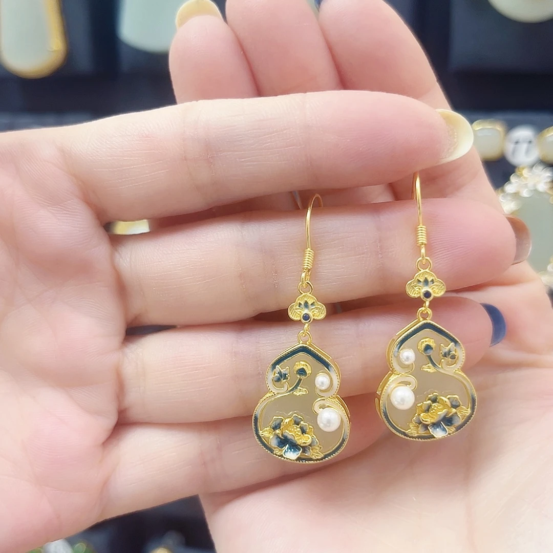 和田玉银S925镀金镶嵌耳饰