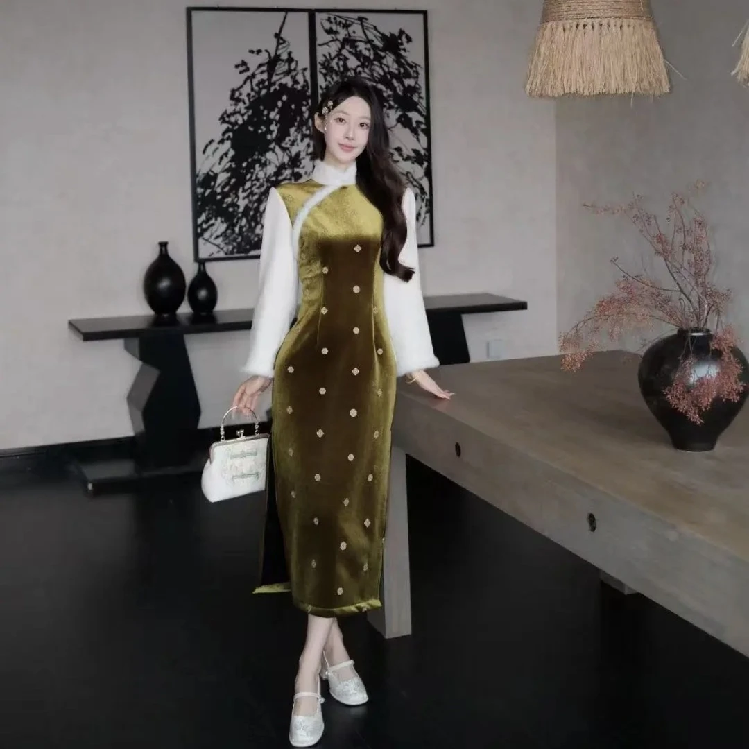 风华《绿枝》冬款旗袍韩国绒新中式日常复古时尚国风中长款网红