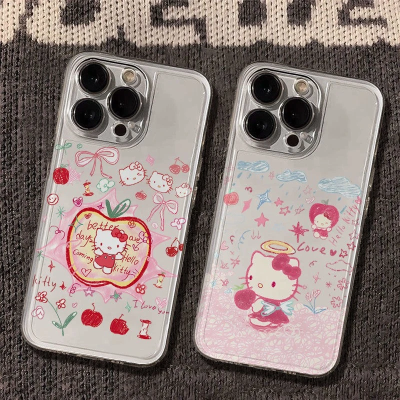 简约涂鸦kitty太空手机壳适用于苹果16透明iphone14保护壳15
