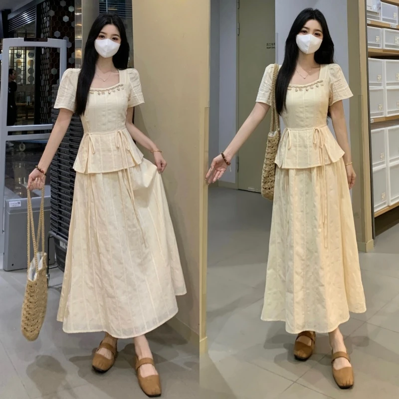 海星贝壳春夏季新款小众设计高级感方领显瘦假两件连衣裙温柔