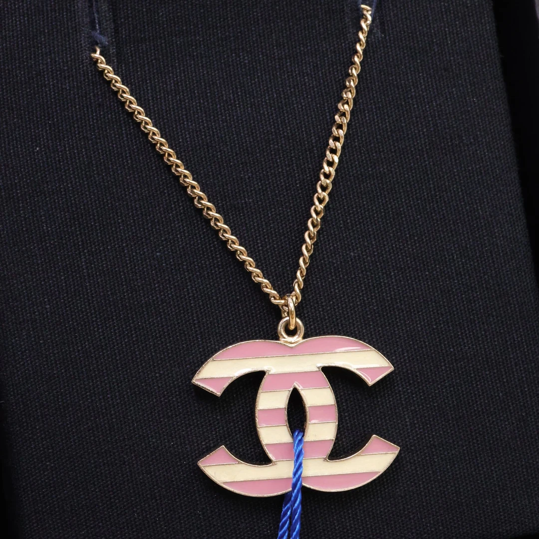 全新未使用 Chanel/香奈儿 粉白条纹双C项链 06057