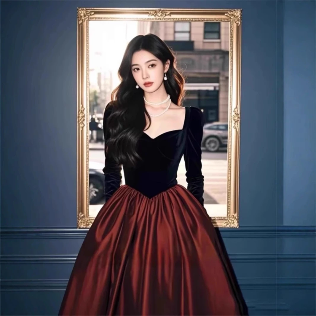 法式复古长袖晚礼服高级感气质名媛订婚礼服敬酒服年会主持人冬季