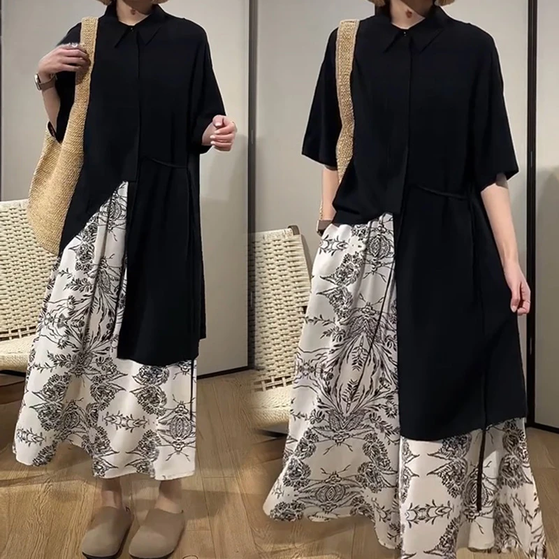 大码新款小众宽松显瘦设计不规则长款衬衫＋水墨画裤子套装女