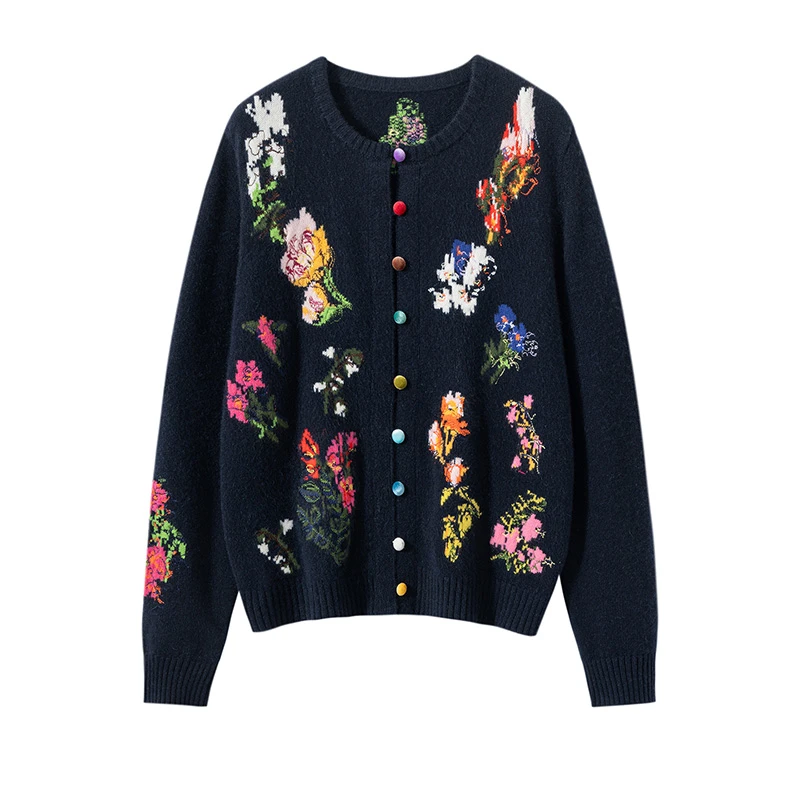 纯羊绒复古设计款重工刺绣提花圆领针织开衫  长袖厚款羊绒开衫