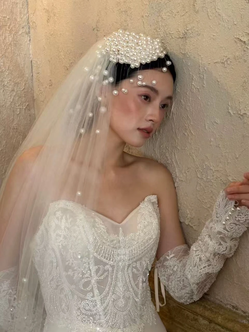 珍珠流苏头纱森系新娘主婚纱发饰高级感法式写真拍照头饰2025新款