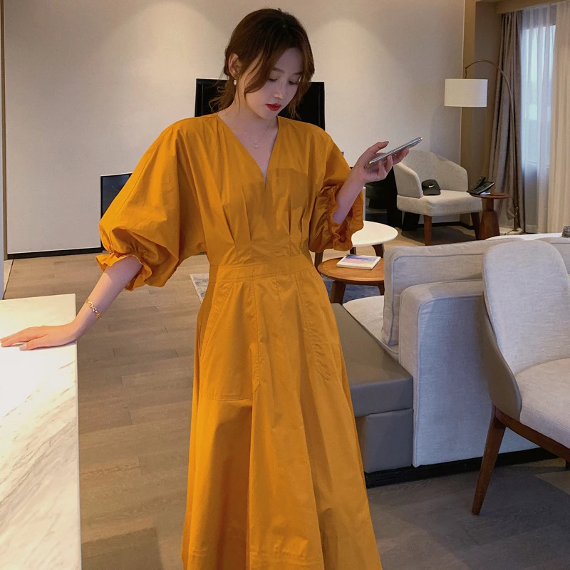 姜黄色连衣裙女夏法式桔梗新款V领实拍小个子初恋裙长裙复古显瘦