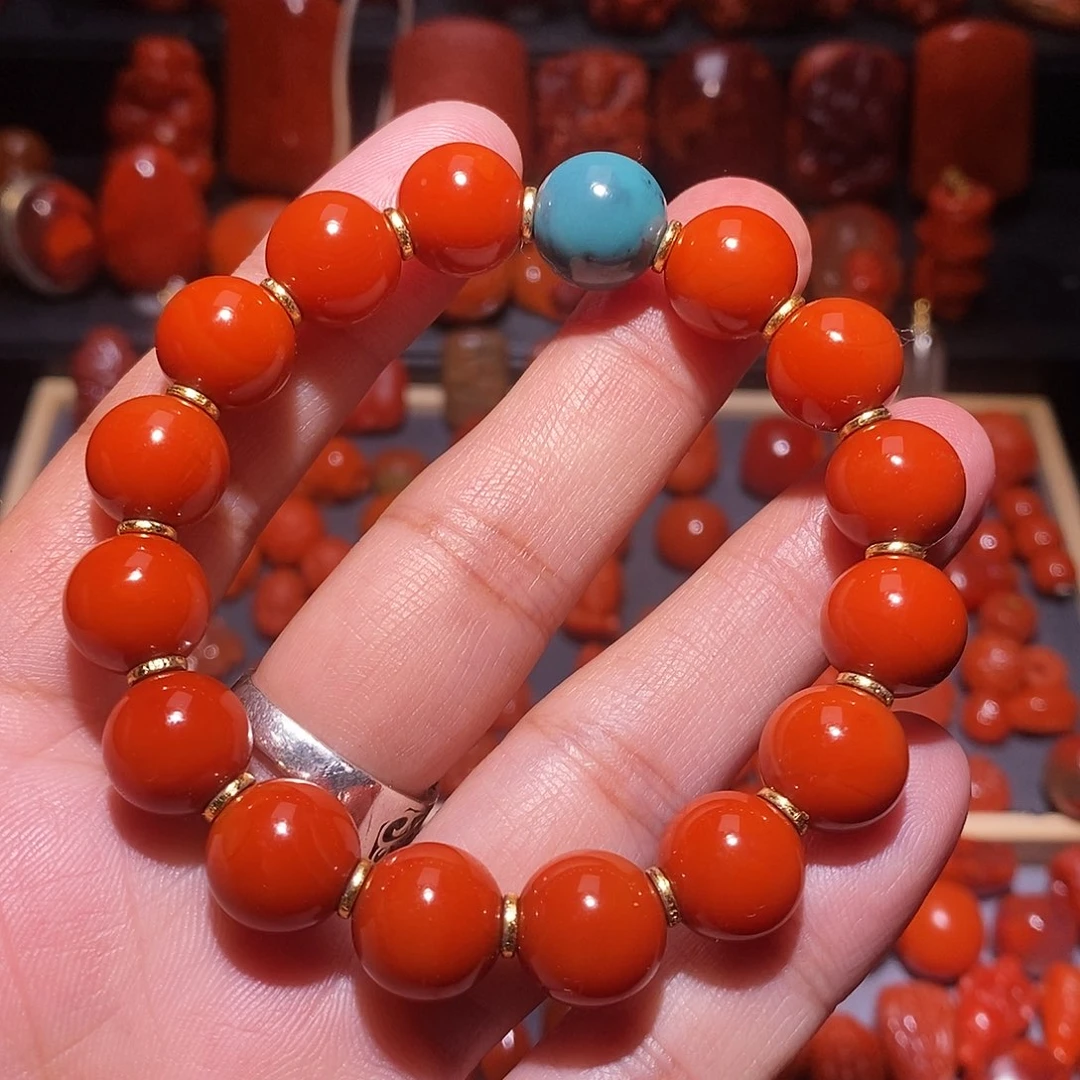 南红玛瑙银S925镀金镶嵌锦红手串配珠松松