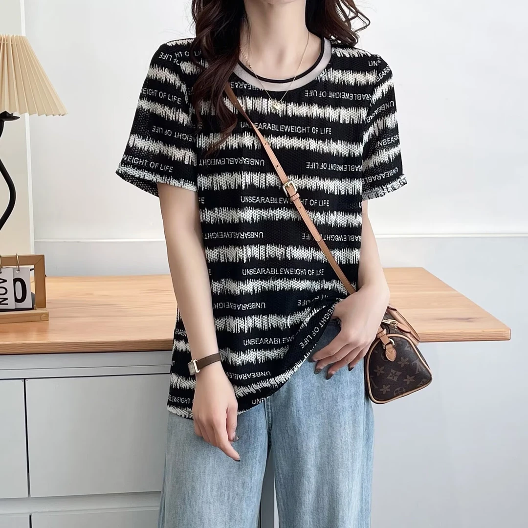 KSS2126字母满印条纹百搭夏装宽松型圆领T恤大码女装短袖洋气上衣