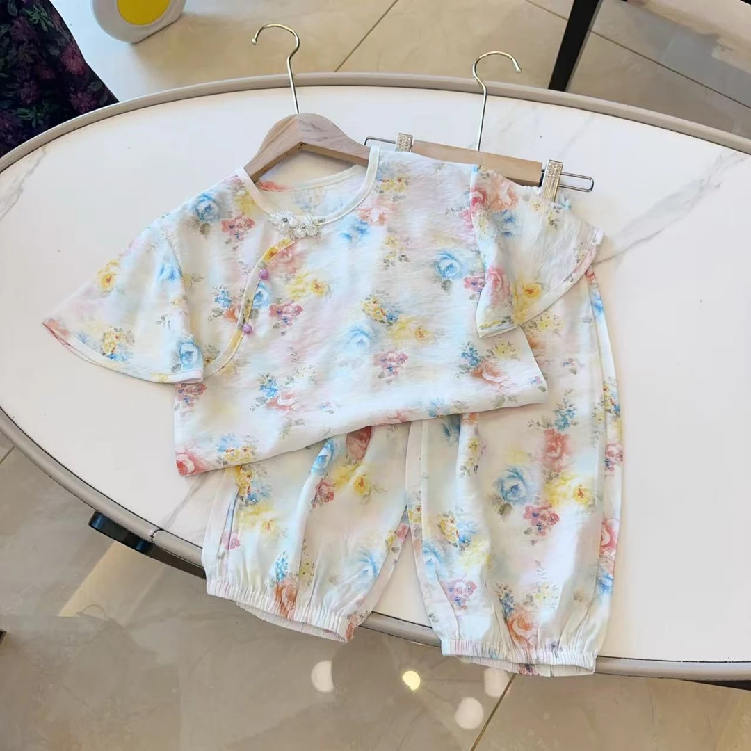 67桃妖【女童】棉绸亲子短袖套装2025夏季女童可爱短袖长裤套装