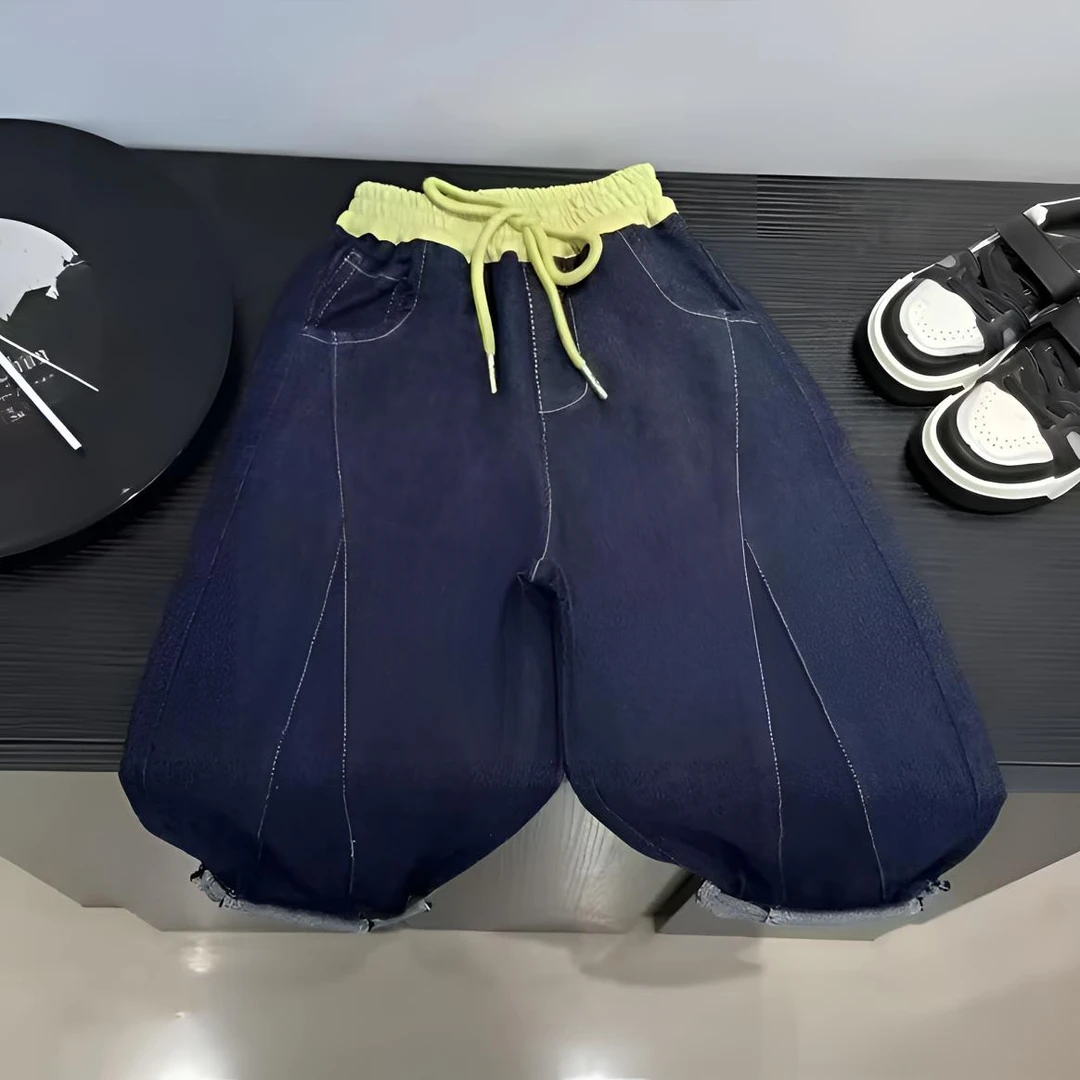 春季牛仔裤2025新款黄色腰头拼接潮童男女可穿休闲牛仔裤宽松潮