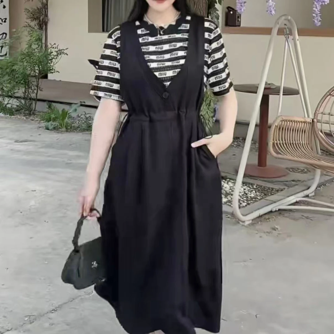 欧货2025夏新款字母条纹短袖显瘦背带裙洋气两件套