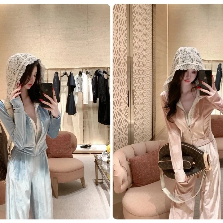【芳芳私服】时尚轻奢丝绒运动套装 假两件蕾丝连帽外套直筒裤