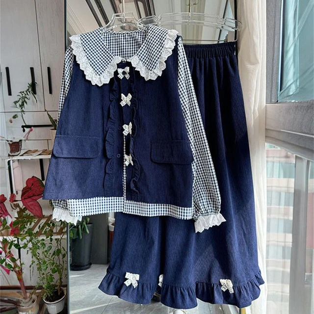 2025秋季新款韩系穿搭娃娃领格子衬衫+马甲背心+高腰半身裙三件套