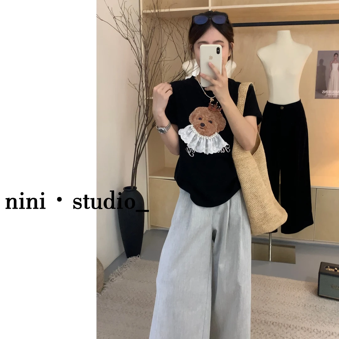 nini·蕾丝小狗韩系趣味ins风短袖T恤