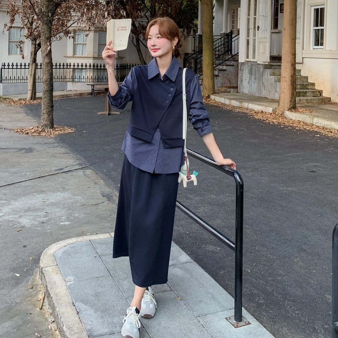 设计感条纹假两件上衣半身裙套装女2025秋季新款慵懒风休闲两件套