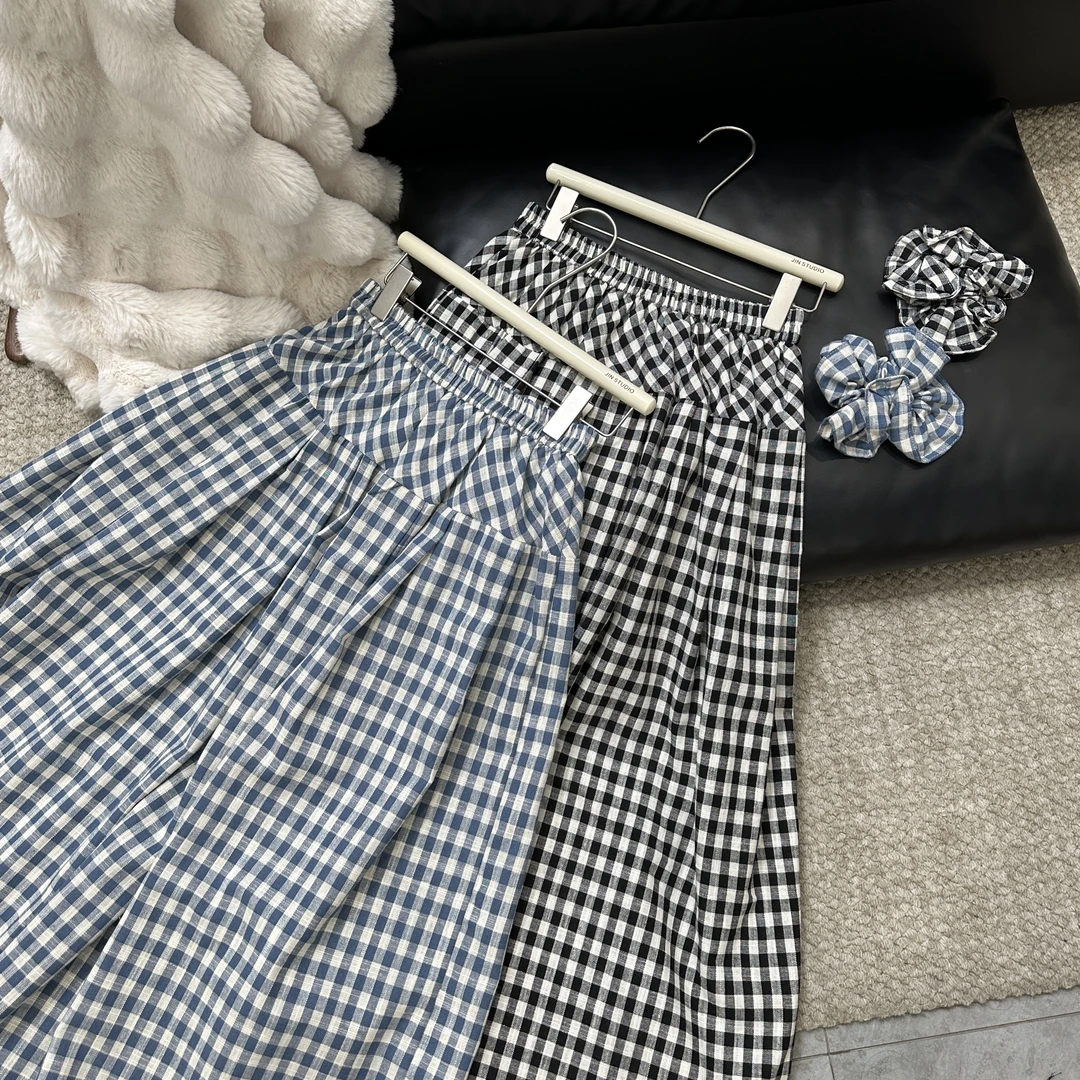 【锦衣鹊羽】5060格子棉麻感大裙摆韩系半身裙