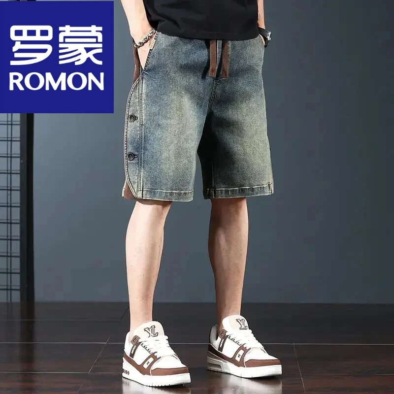 罗蒙美式复古牛仔短裤男夏季新款透气宽松大码五分裤潮牌痞帅休闲