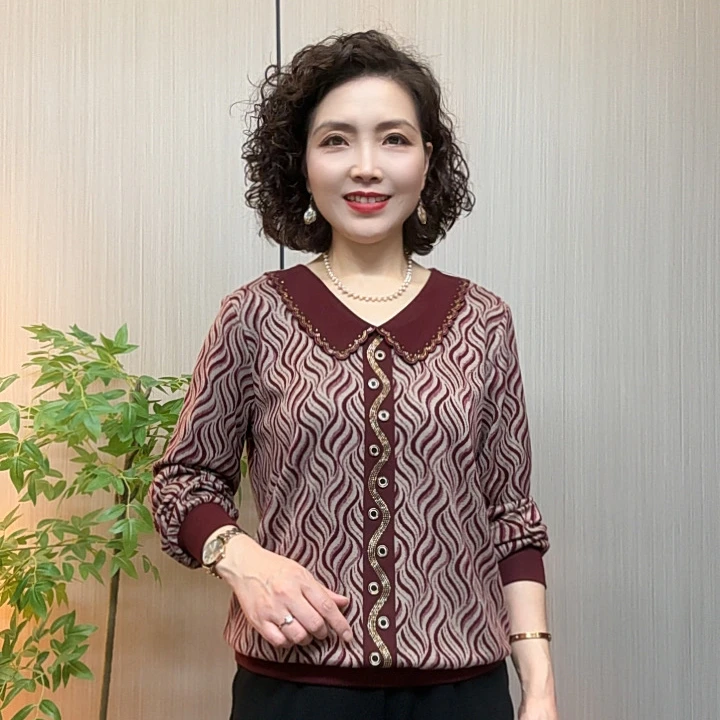 秋季中老年妈妈装时尚洋气宽松气质流光风百搭休闲翻领长袖打底衫