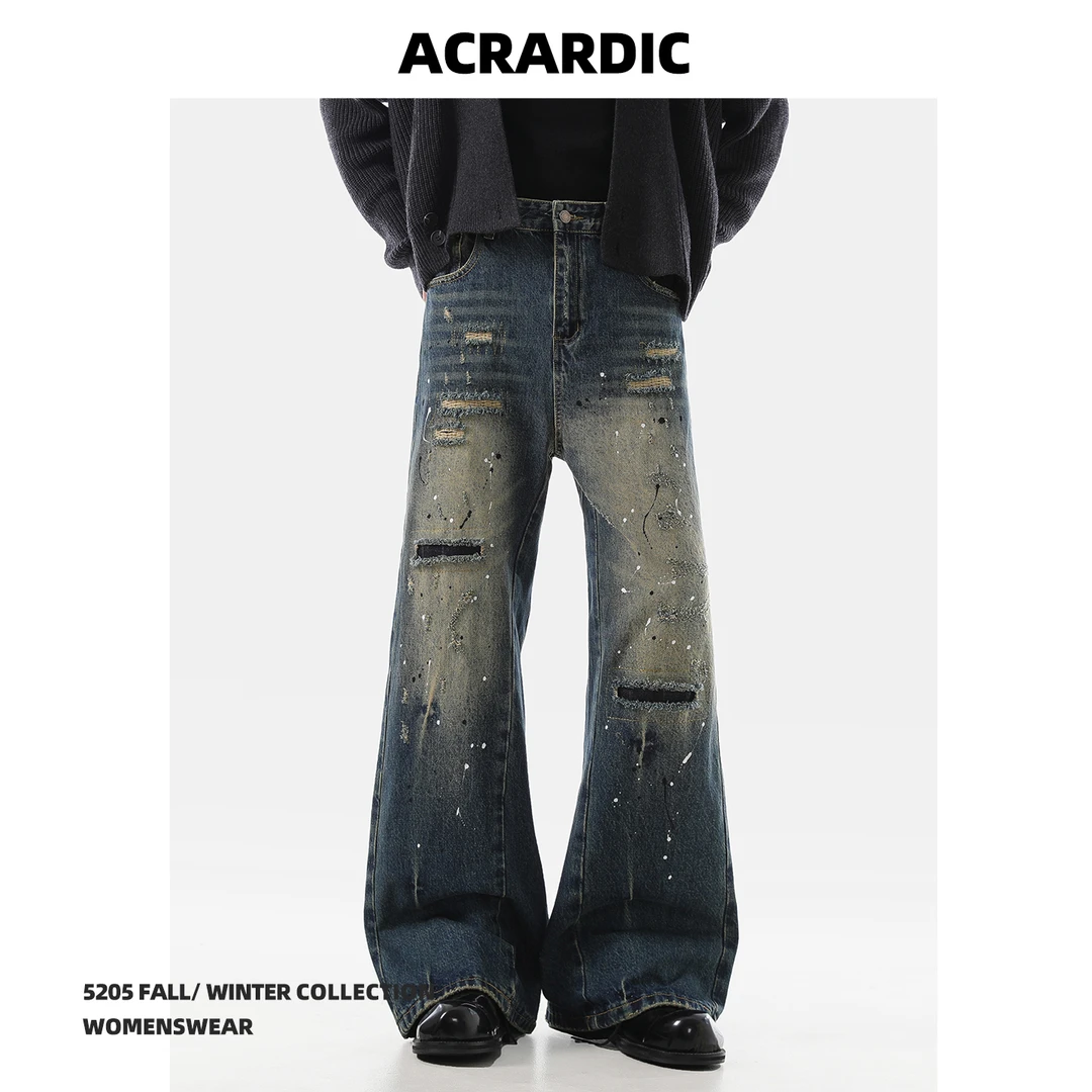 ACRARDIC废土风痞帅泼墨破洞微喇牛仔裤美式小众水洗做旧显瘦裤子