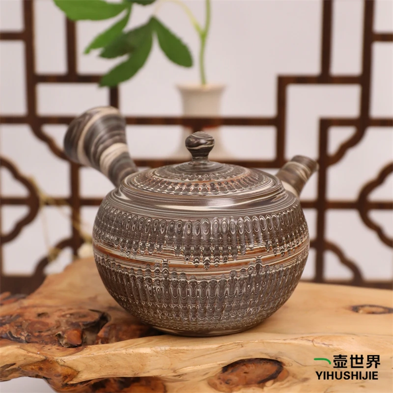 当代 常滑烧手工日式紫砂侧把陶茶壶 知治 绞泥 230ml 现货