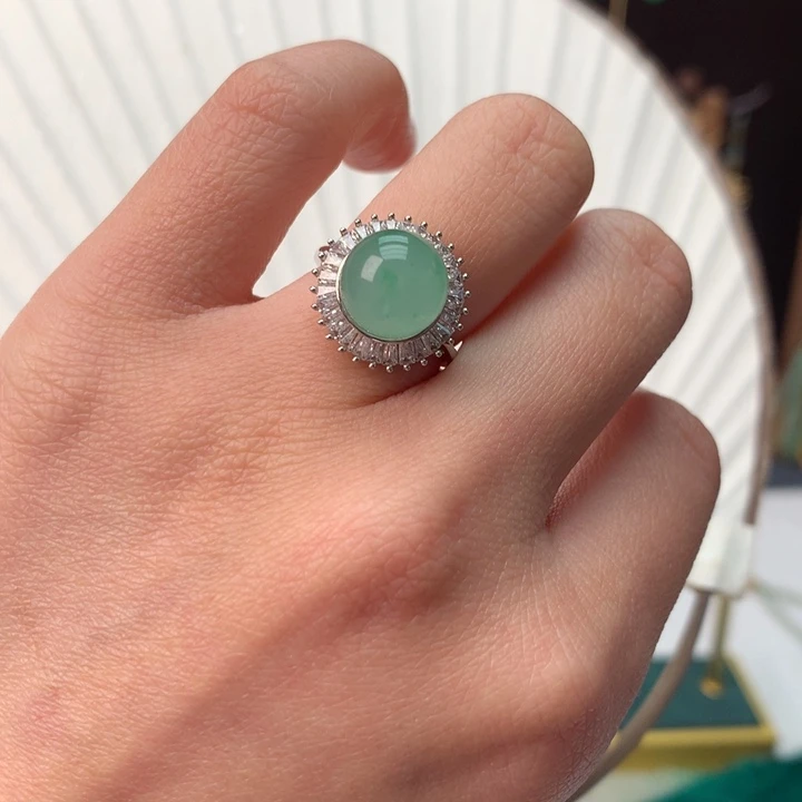 石英质玉冰飘花精品戒指银S925镀金镶嵌