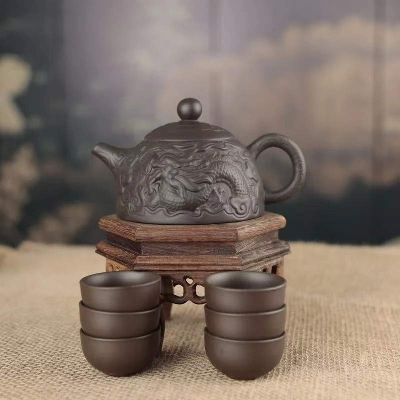 宠粉福利原矿紫泥龙纹半月壶一壶 六个客杯