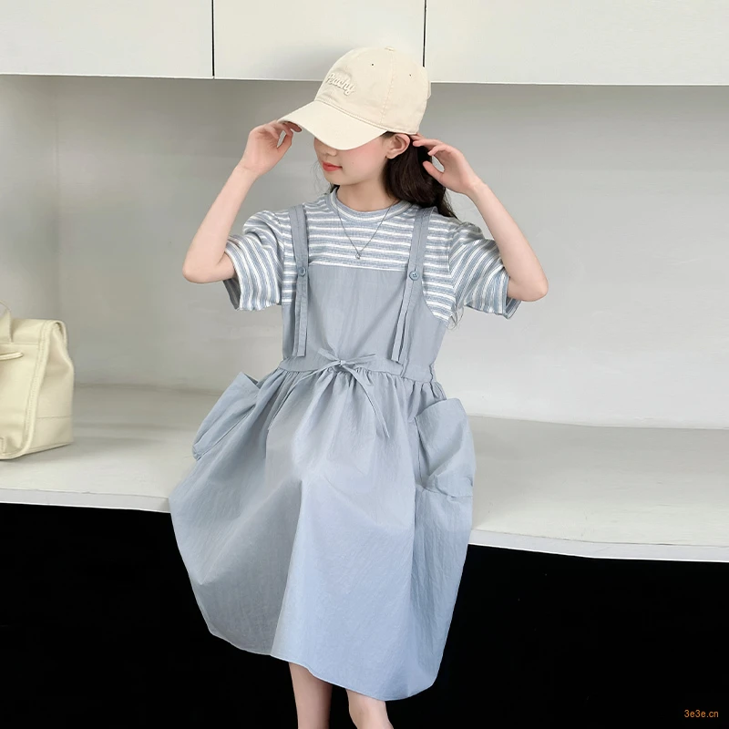 【丫丫童装】2025夏季新款女大童大口袋条纹假两件连衣裙-K895