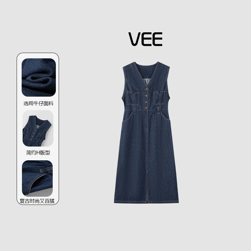 VEE【蓝调往事】新款时尚百搭休闲复古显瘦宽松无袖牛仔连衣裙
