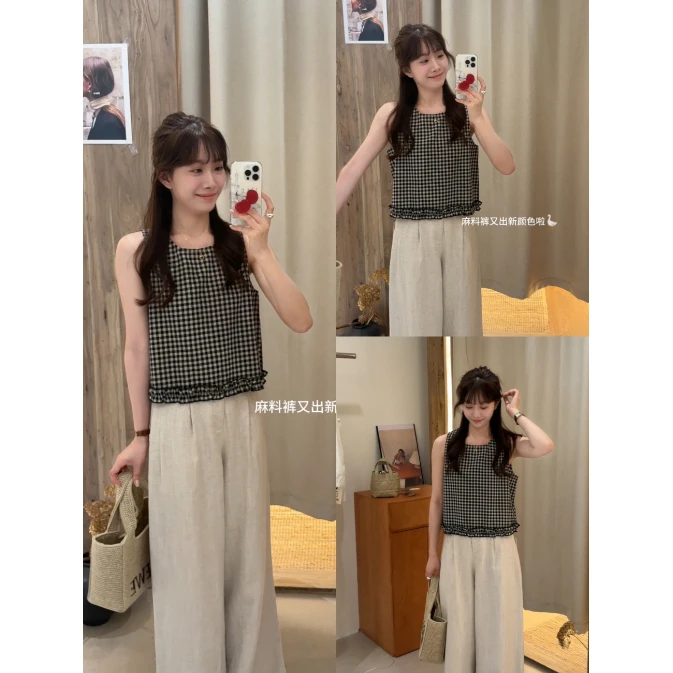 L-20958#『15%麻』韩系简约高级感格子花边无袖上衣