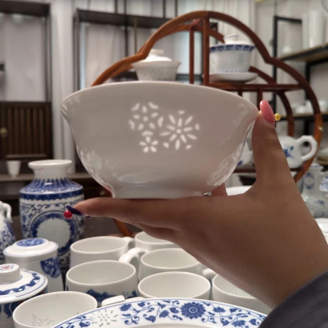 陶瓷纯白皮球花5寸饭碗四只装