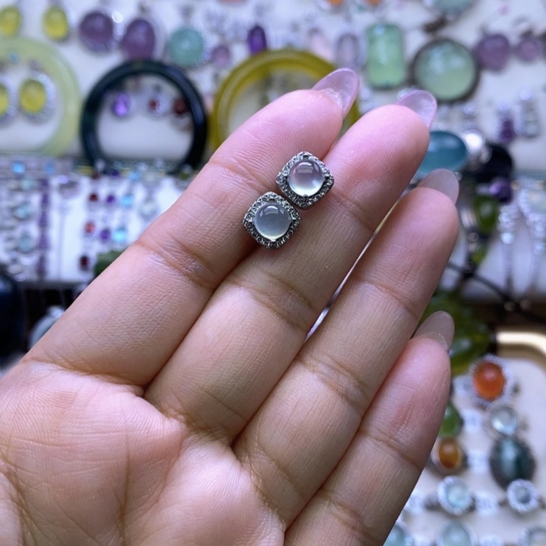 岫玉银S925镶嵌耳钉